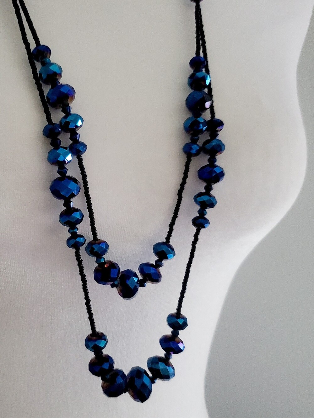 Iridescent Blue Crystal Beaded Double-Strand Necklace & Earrings Set